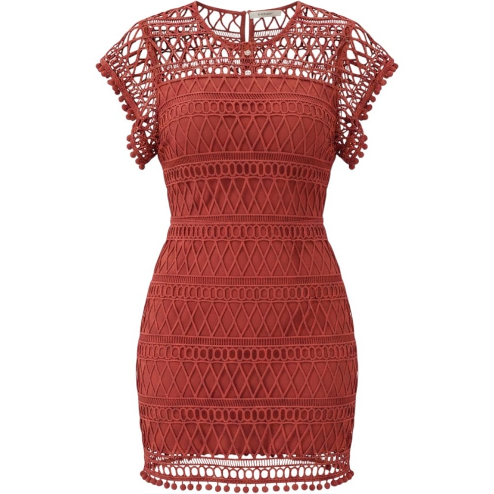 Tularosa Crochet Pom Pom Mini Dress Rust Terracotta Boho Short Sleeve Medium